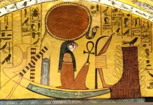 Sun god Ra travelling by boat through the underworld