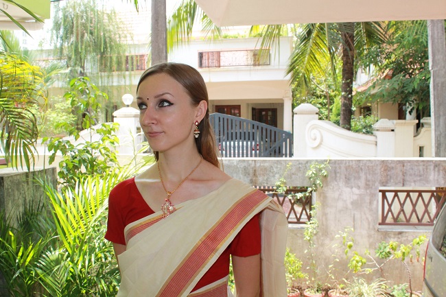 In a sari near my Bharatanatyam teacher's relative's home